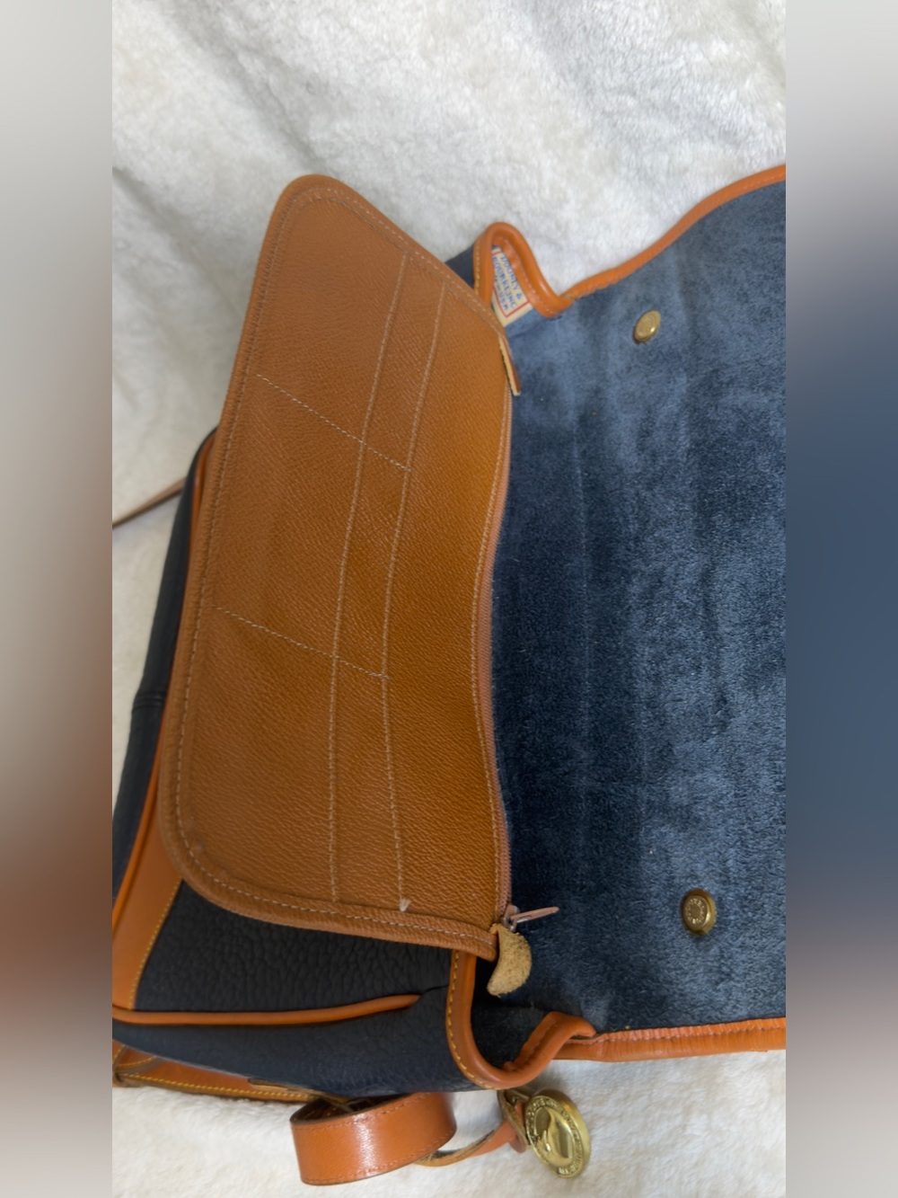 Vintage Dooney & Bourke AWL Cavalry Crossbody Shoulder Satchel Bag Navy Tan USA - Picture 15 of 16